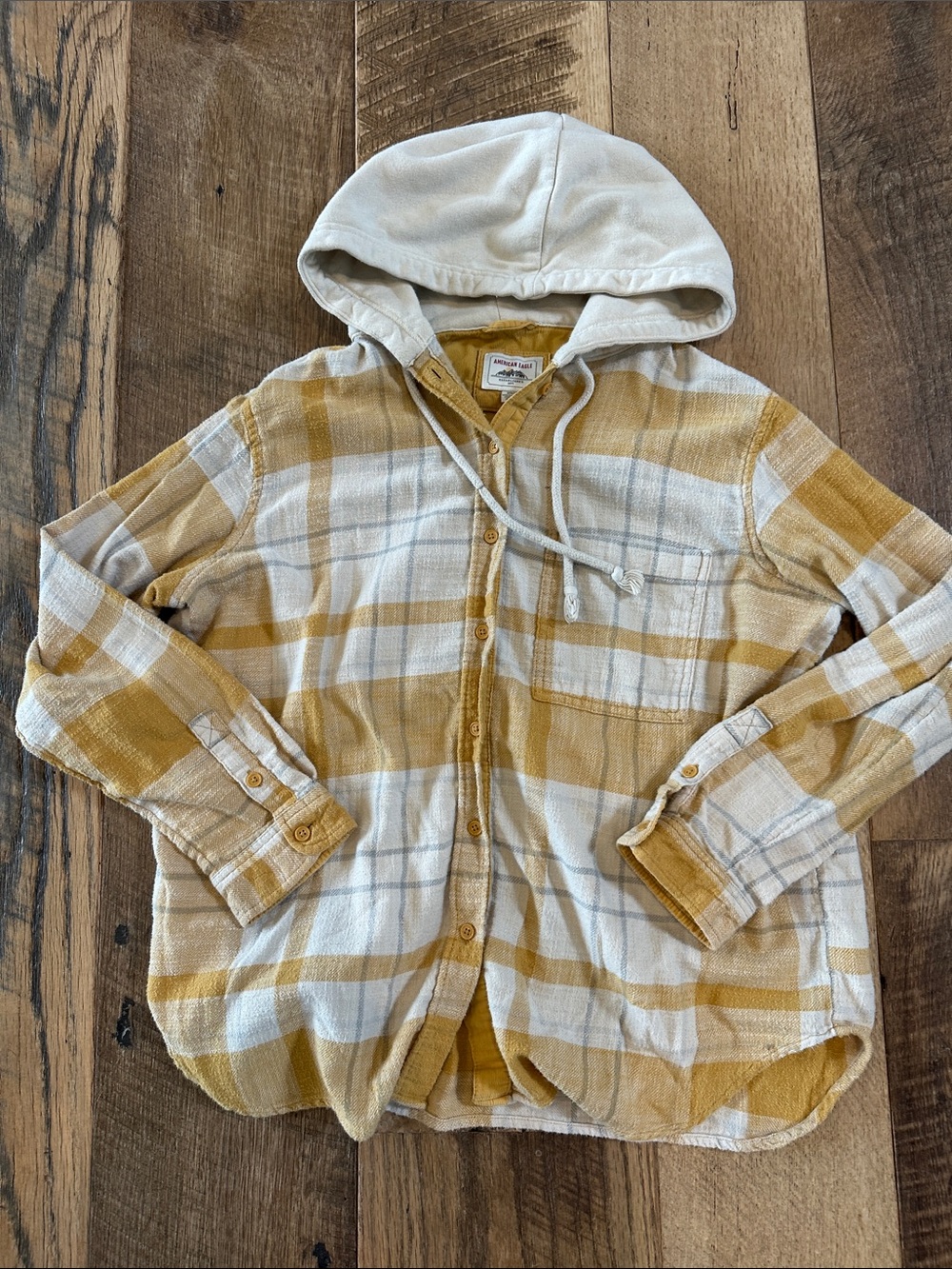 American Eagle 🦅 Plaid Hooded Button-Up Shirt Jacket in Mustard & Cream